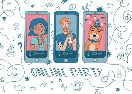 Online party with friends and their pets. Hand drawn background. Live stream from people sit at home during covid-19 quarantine. Vector.のイラスト素材