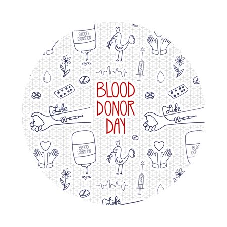 Vector World blood donor day. Doodle concept about donation, charity and support. Lifesaver campaign template graphic design.のイラスト素材