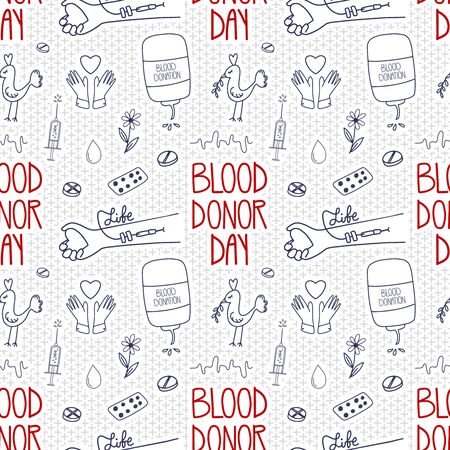 World Blood Donor Day seamless pattern. Doodle lifesaver donation campaign to support. Vector background.のイラスト素材