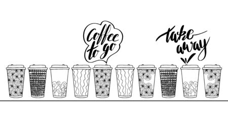 Vector Take Away poster. Coffee to go illustration. Plastic or paper cup to take out. Lettering and hand drawn elements. Doodle style. Black silhouette on white background.のイラスト素材