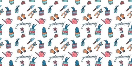 Urban gardening seamless pattern. Doodle cute background with horticultural sundry. Vector Illustration.のイラスト素材