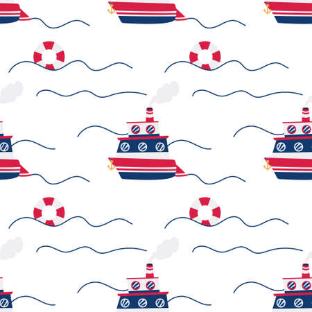 Vector seamless pattern of cute blue ship on white background. Lifebuoy on the waves.のイラスト素材