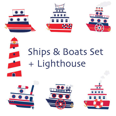 Set of cute retro boats and lighthouse made in flat design. Red and blue colored isolated elements on white background.のイラスト素材