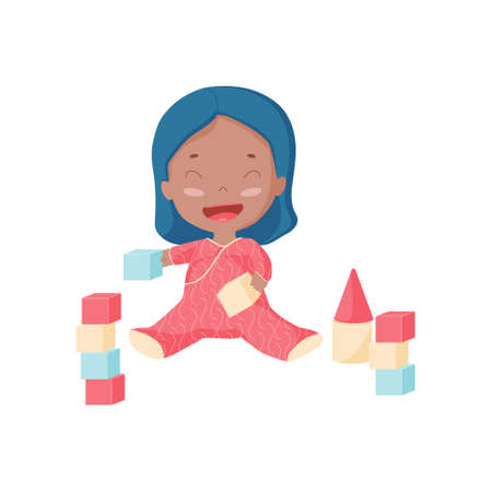 Happy toddler plays bricks and builds castle. Afro American kid in pink pajamas laughing and playing toys/ のイラスト素材