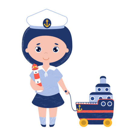 Girl in the captain cap with the toy lighthouse and cruise liner on wheels. Vector child in the sailor dress. Isolated illustration on white background.のイラスト素材
