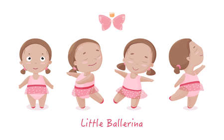 Set of adorable little girls in tutu dress. Cute ballerina dancing in ballet shoes. Isolated vector.のイラスト素材