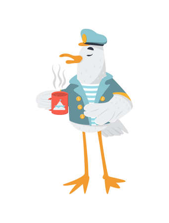 Funny captain seagull in marine coat and hat. Cute bird drinks tea. Vector isolated.のイラスト素材