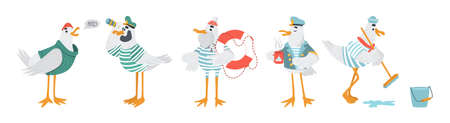 Vector sailor seagulls characters. Funny birds in striped t-shirts with lifebuoy, binoculars, mop and coffee. Isolated objects.のイラスト素材