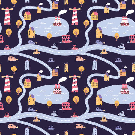 Cute seamless pattern with trail map and funny cars and houses.のイラスト素材