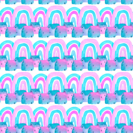 Vivid watercolor seamless pattern with boho rainbows and tiny houses.の写真素材