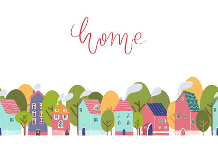 Bright  seamless border with little cute houses and lettering. Funny background for kids nursery background and textile pattern.のイラスト素材