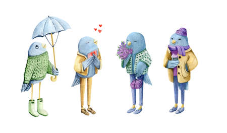 Set of cute birds in love for St. Valentines Day postcards. Watercolor sparrow in fancy suits. Funny animal characters.の写真素材