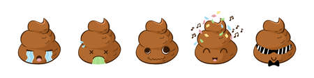 Funny poop emoji in vector with expressions: crying, vomiting, crazy, partying, cool guy. stickers for chat and messenger.のイラスト素材