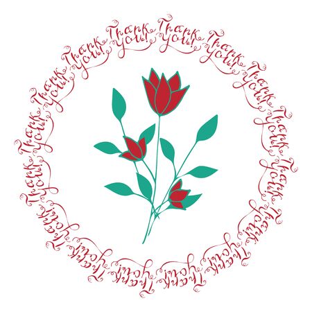Bouquet of flowers in a frame with the inscription thank you. Lettering.のイラスト素材