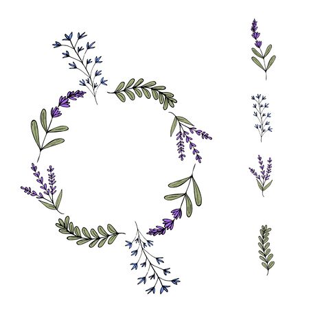 Cute Wreath of violet and blue flowers. Simple lavender and twigs in a doodle style. Elements of the wreath. Isolated objects on a white background. Vector stock illustration.のイラスト素材