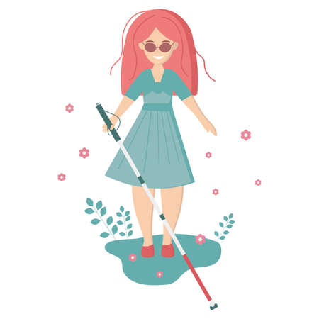 A blind girl with a cane outside. A woman with physical disabilities enjoys life. isolated object on a white background. vector illustration.のイラスト素材