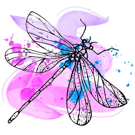 Watercolor background with a dragonfly without filling on a white background. isolated object. Splashes of watercolor paints. Pastel shades of pink and blue. Magic, miracles. Drawing by hand. vector illustrationのイラスト素材