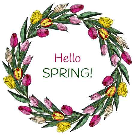 hello spring. A wreath of pink and yellow tulips. isolated object on a white background.のイラスト素材
