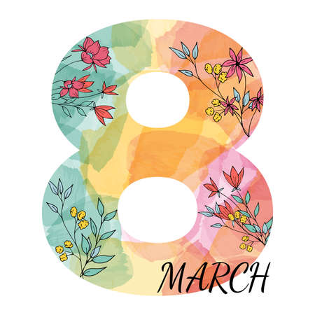 March 8th. International Women's Day. Polygonal multi-colored pastel texture figure 8 and doodle-style flowers. isolated object on a white background.のイラスト素材