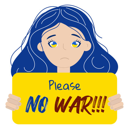 No war Ukraine and Russia! A girl with a poster. Isolated vector object on a white background.のイラスト素材