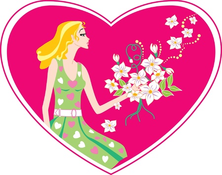 Card with heart  The beautiful girl with a bunch of flowers のイラスト素材