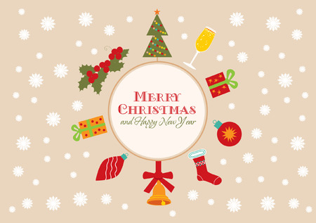 Vintage christmas card with holly, gifts, bow and bellのイラスト素材