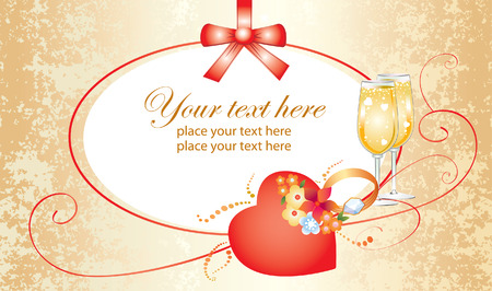 Valentine card with ring, heart, champagne and flowersのイラスト素材