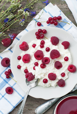 Cottage cheese with raspberry and currantの写真素材