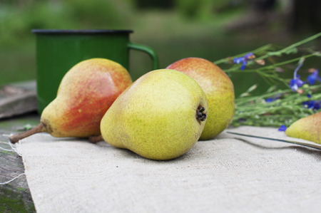 Organic ripe pears on canvas with cup and flowersの写真素材