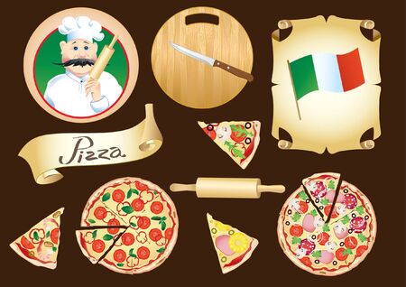 Set on the theme pizza with cook, circle wooden board, slices of different pizza, ribbon and italian flagのイラスト素材
