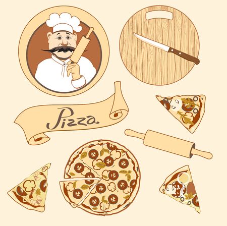Set on the theme pizza with cook, circle wooden board, slices of different pizza, ribbon in beige tonesのイラスト素材