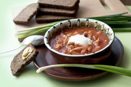 Borsch with with green onion, mustard and dark bread on green background. Traditional dish of...