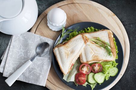 Hot sandwiches with cream cheese, cucumber, ham, tomatoes and peas sprouts on white plate. Breakfast with egg mist on white stand. Top viewの写真素材