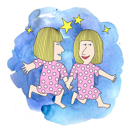 Gemini zodiac sign drawn in comic style on painted watercolor background. Sign of airの写真素材