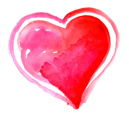 Red heart drawn of watercolor on white backgroundの写真素材