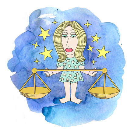 Libra zodiac sign in comic style on painted watercolor background. Sign of airの写真素材