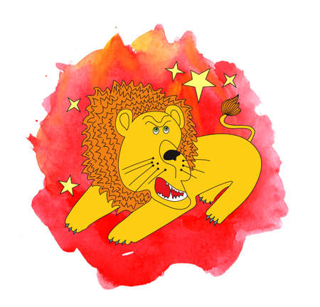 Zodiac sign Leo in comic style on painted watercolor background. Sign of fireの写真素材