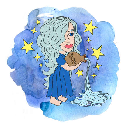 Aquarius zodiac sign in comic style drawn on painted watercolor background. Sign of airの写真素材