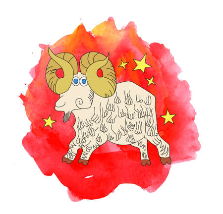 Zodiac sign Aries drawn in comic style on painted watercolor background. Sign of fireの写真素材