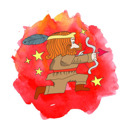 Sagittarius zodiac sign in comic style on painted watercolor background. Sign of fireの写真素材