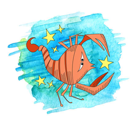Scorpio zodiac sign drawn in comic style on painted watercolor background. Sign of waterの写真素材