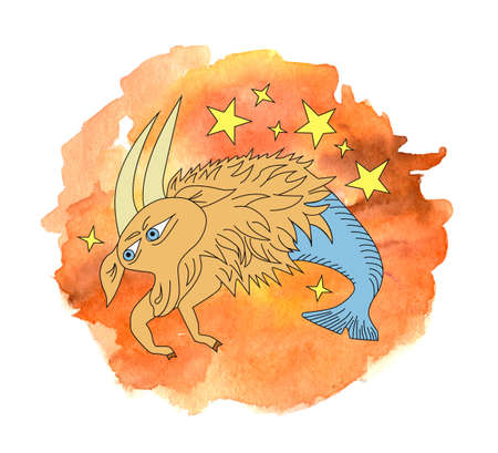 Scorpio zodiac sign drawn in comic style on painted watercolor background. Sign of waterの写真素材