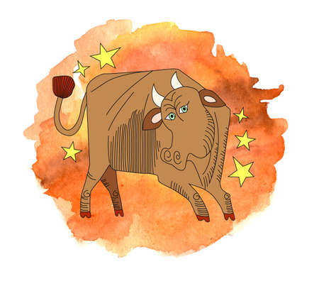 Taurus zodiac sign drawn in comic style on painted watercolor background. Sign of earthの写真素材