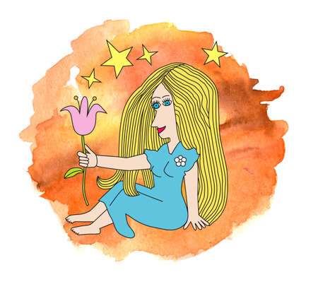 Virgo zodiac sign drawn in comic style on painted watercolor background. Sign of earthの写真素材