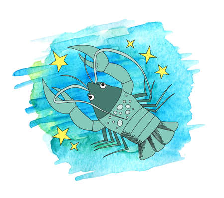 Zodiac sign Cancer drawn in comic style on painted watercolor background. Sign of waterの写真素材