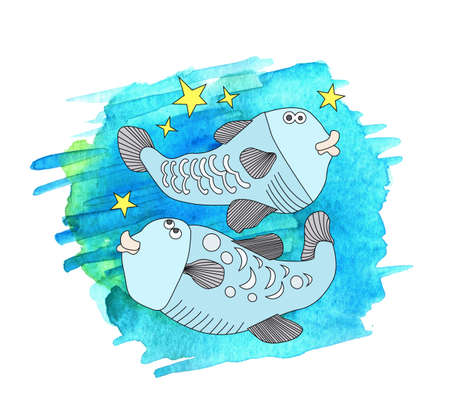 Zodiac sign Pisces drawn in comic style on painted watercolor background. Sign of waterの写真素材