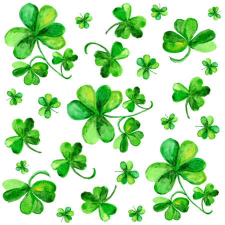 Seamless pattern with green clover painted of watercolor on white paperの写真素材