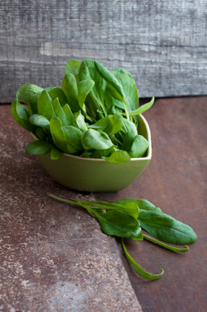 Green fresh spinach in green bowl on dark backgroundの写真素材