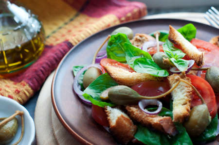 Italian Panzanella salad with bread, tomatoes, basil, capers and olive oilの写真素材
