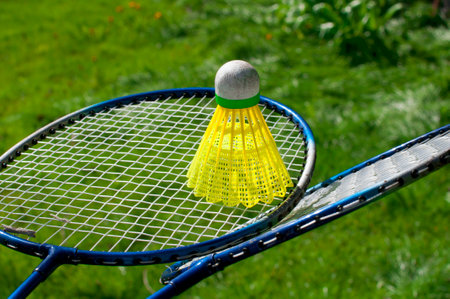 Badminton racket and shuttlecock on green grass background. Close up.